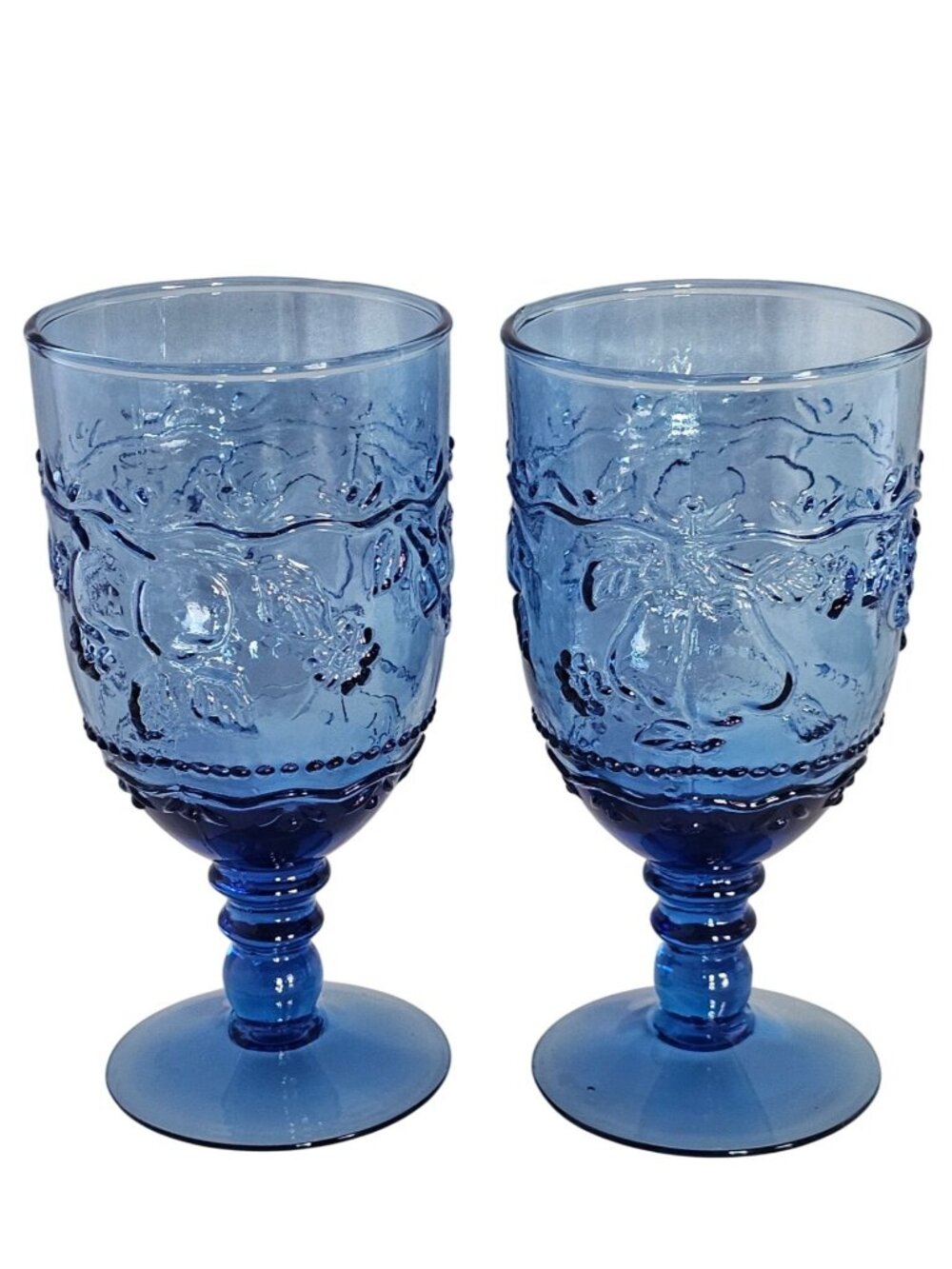 2 Mikasa Garden Harvest Blue Goblets 6.7" cobalt raised relief fruit iced drinks